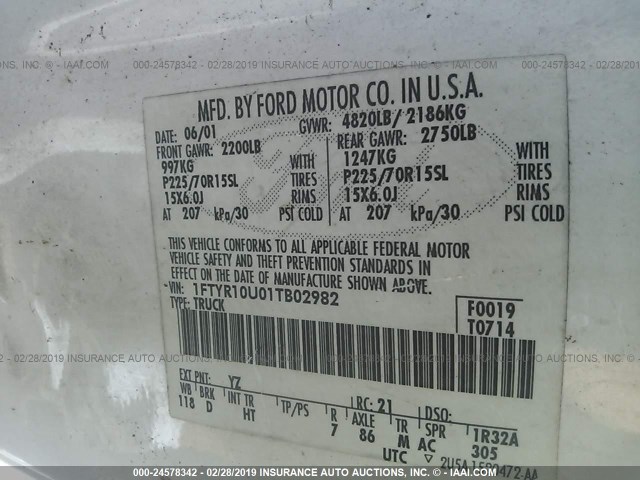 1FTYR10U01TB02982 - 2001 FORD RANGER WHITE photo 9