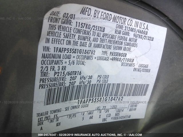 1FAFP55S81G184762 - 2001 FORD TAURUS SES GRAY photo 9