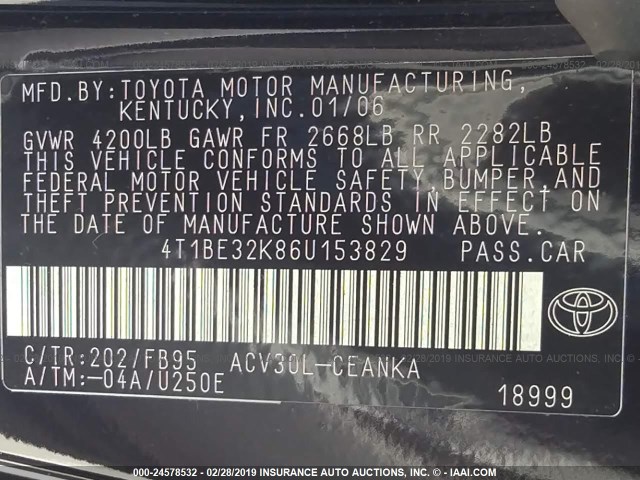 4T1BE32K86U153829 - 2006 TOYOTA CAMRY LE/XLE/SE BLACK photo 9