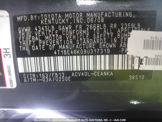 4T1BE46K09U317319 - 2009 TOYOTA CAMRY SE/LE/XLE 灰色 照片 9