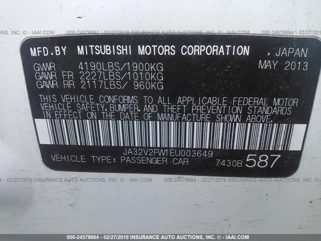 JA32V2FW1EU003649 - 2014 MITSUBISHI LANCER SE WHITE photo 9