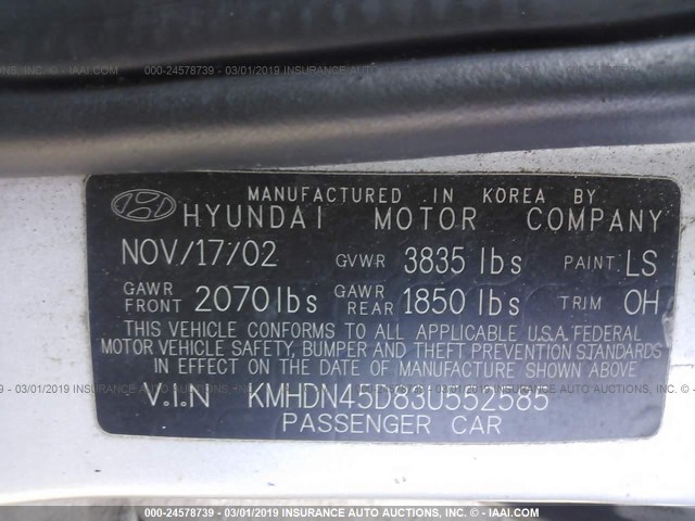 KMHDN45D83U552585 - 2003 HYUNDAI ELANTRA GLS/GT SILVER photo 9