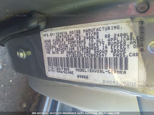 4T1BG22K1YU002547 - 2000 TOYOTA CAMRY CE/LE/XLE 棕色 照片 9