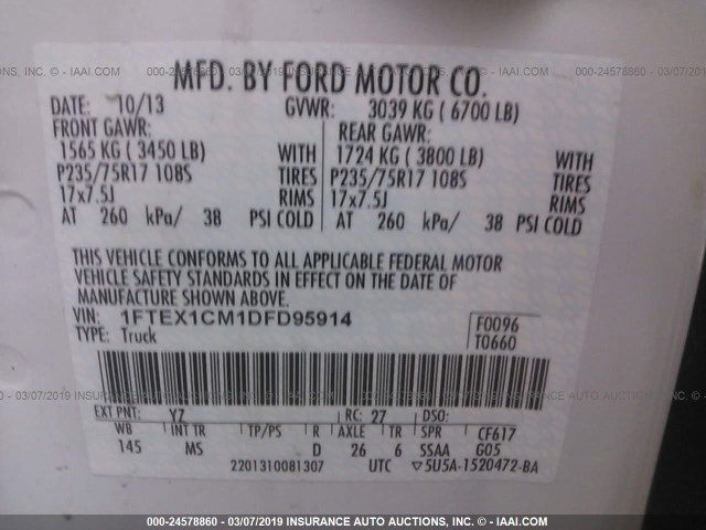 1FTEX1CM1DFD95914 - 2013 FORD F150 SUPER CAB WHITE photo 9