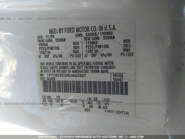 1FTYR10C0XUA63367 - 1999 FORD RANGER WHITE photo 9