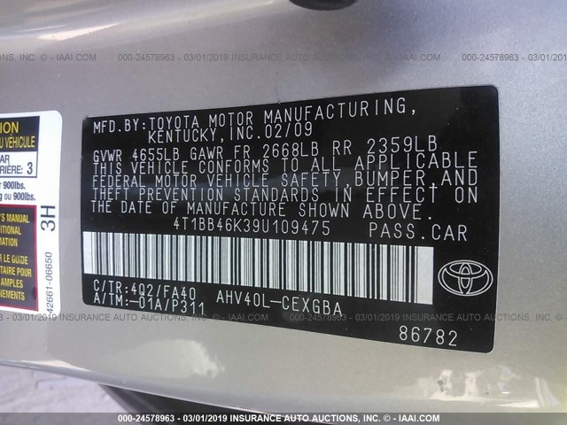 4T1BB46K39U109475 - 2009 TOYOTA CAMRY HYBRID TAN photo 9