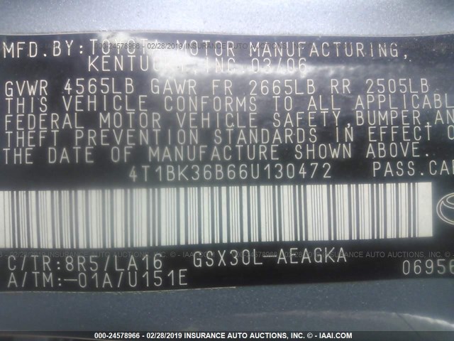 4T1BK36B66U130472 - 2006 TOYOTA AVALON XL/XLS/TOURING/LIMITED BLUE photo 9