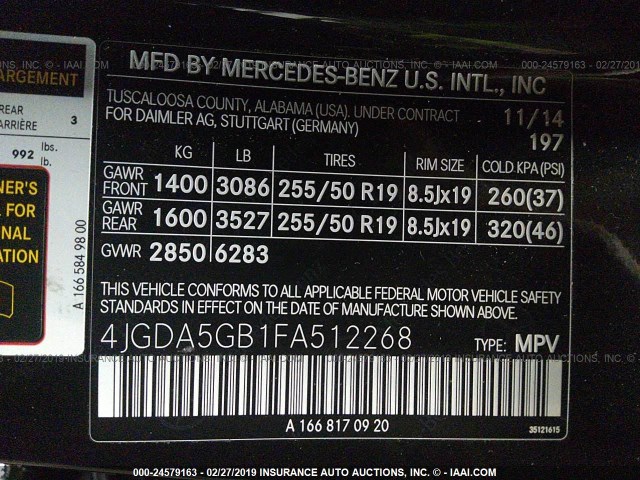 4JGDA5GB1FA512268 - 2015 MERCEDES-BENZ ML 400 4MATIC BLACK photo 9