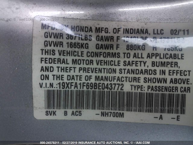 19XFA1F69BE043772 - 2011 HONDA CIVIC LX-S Gümüş foto 9