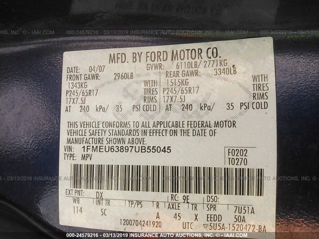 1FMEU63897UB55045 - 2007 FORD EXPLORER XLT BLUE photo 9