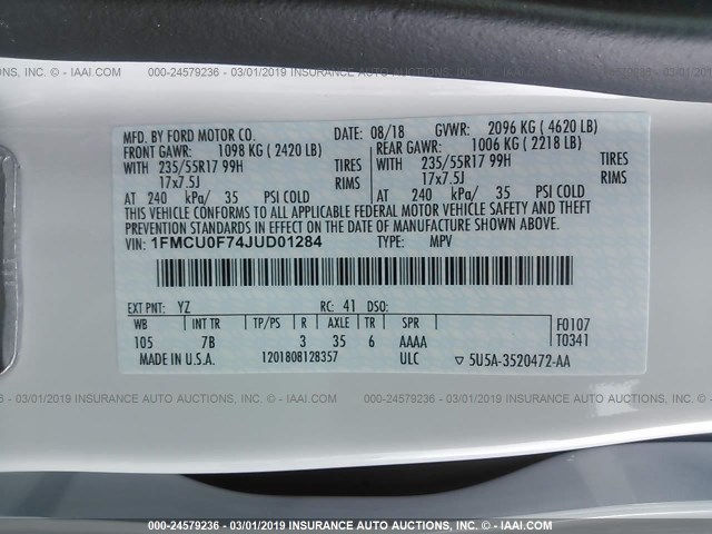 1FMCU0F74JUD01284 - 2018 FORD ESCAPE S WHITE photo 9