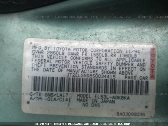 JT2EL55D8S0034415 - 1995 TOYOTA TERCEL STD GREEN photo 9