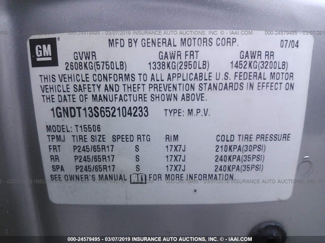 1GNDT13S652104233 - 2005 CHEVROLET TRAILBLAZER LS/LT SILVER photo 9