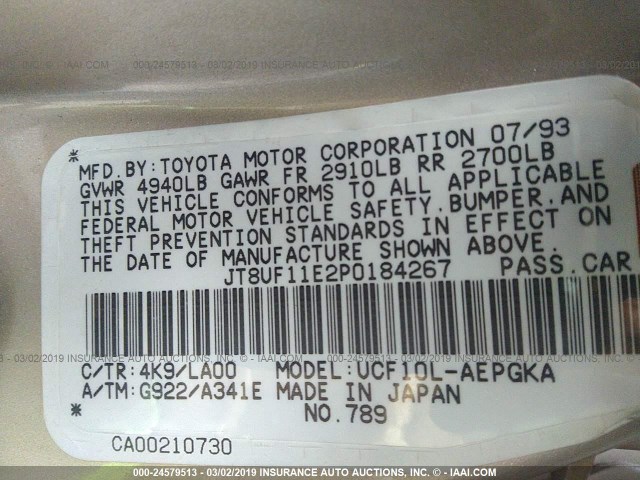 JT8UF11E2P0184267 - 1993 LEXUS LS 400 GOLD photo 9