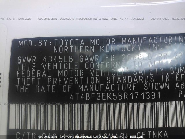 4T4BF3EK5BR171391 - 2011 TOYOTA CAMRY SE/LE/XLE 白色 照片 9
