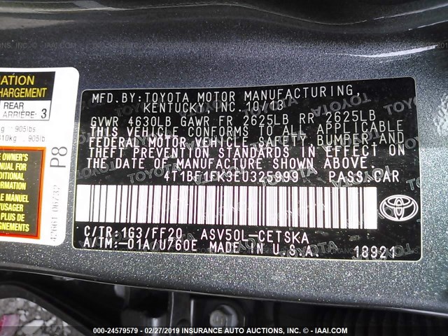 4T1BF1FK3EU325999 - 2014 TOYOTA CAMRY L/SE/LE/XLE 灰色 照片 9