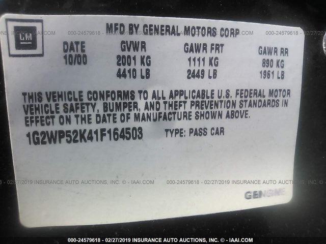 1G2WP52K41F164503 - 2001 PONTIAC GRAND PRIX GT BLACK photo 9