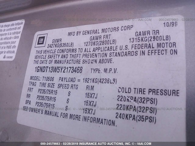 1GNDT13W5Y2173468 - 2000 CHEVROLET BLAZER TAN photo 9