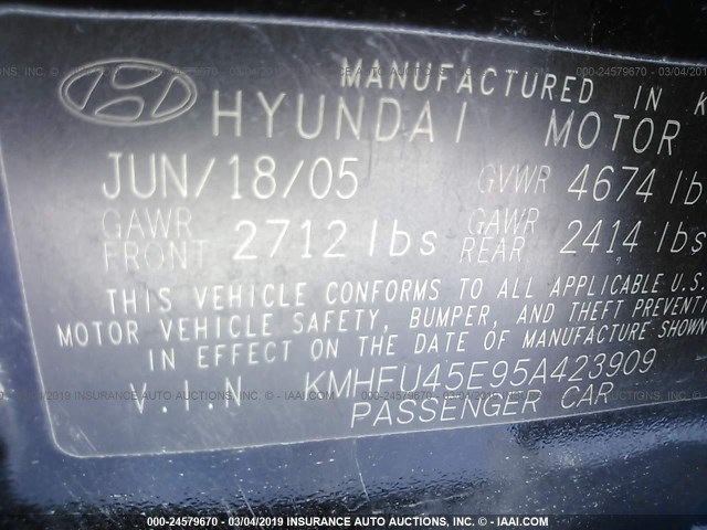 KMHFU45E95A423909 - 2005 HYUNDAI XG 350 BLACK photo 9