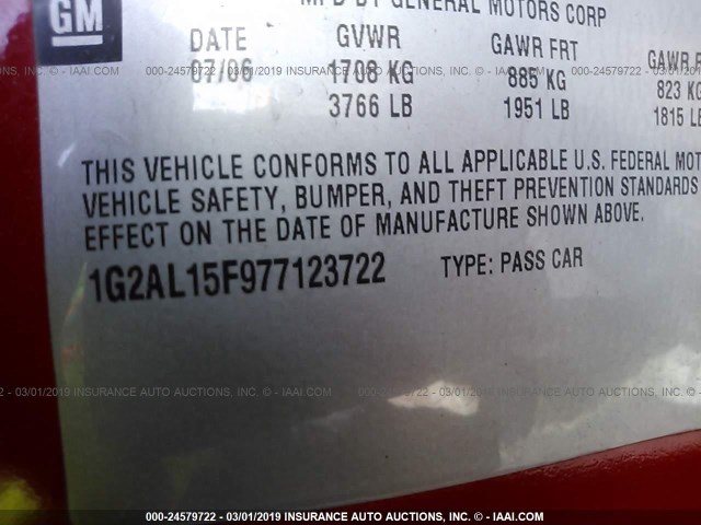 1G2AL15F977123722 - 2007 PONTIAC G5 RED photo 9