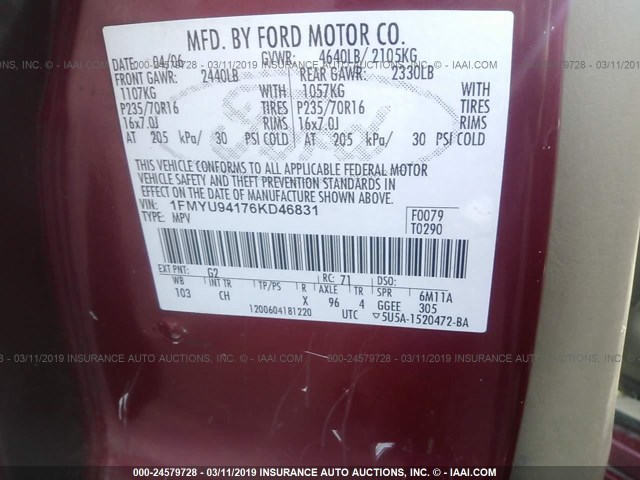 1FMYU94176KD46831 - 2006 FORD ESCAPE LIMITED MAROON photo 9