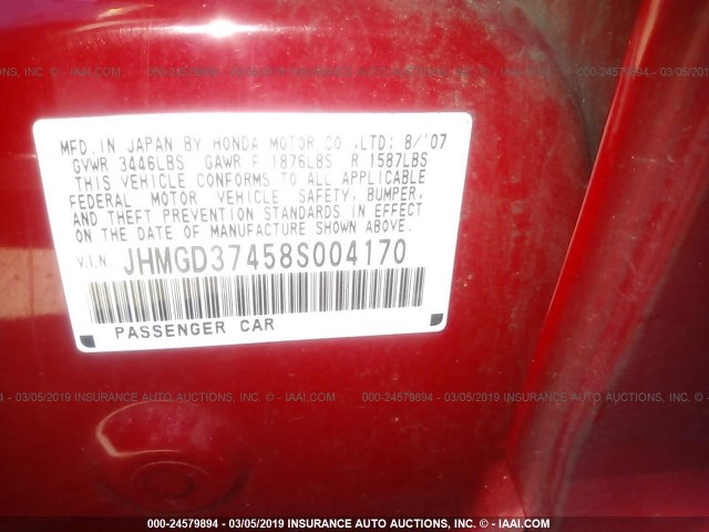 JHMGD37458S004170 - 2008 HONDA FIT RED photo 9