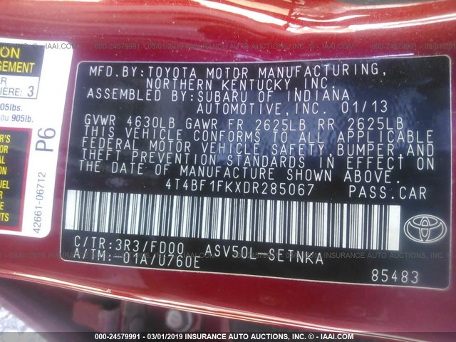 4T4BF1FKXDR285067 - 2013 TOYOTA CAMRY L/SE/LE/XLE 红色 照片 9