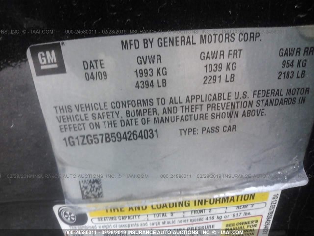 1G1ZG57B594264031 - 2009 CHEVROLET MALIBU LS BLACK photo 9