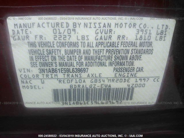 3N1AB61E59L639697 - 2009 NISSAN SENTRA 2.0/2.0S/2.0SL RED photo 9