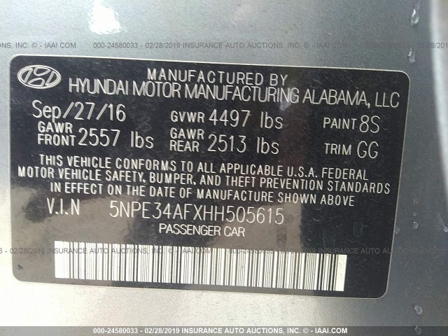 5NPE34AFXHH505615 - 2017 HYUNDAI SONATA SPORT/LIMITED SILVER photo 9