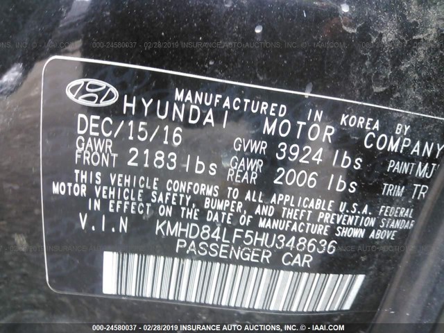 KMHD84LF5HU348636 - 2017 HYUNDAI ELANTRA SE/VALUE/LIMITED BLACK photo 9