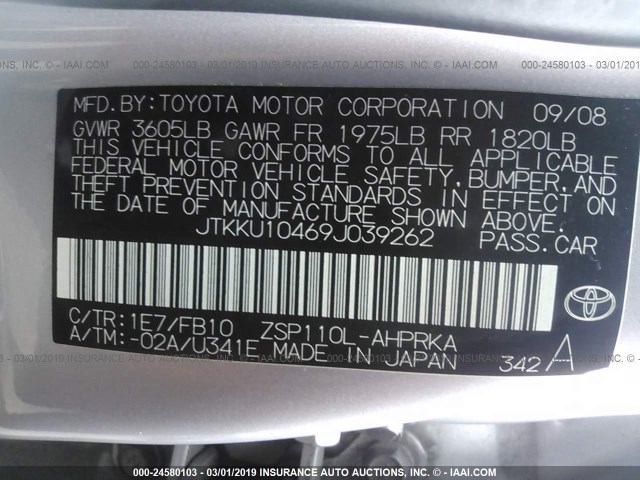 JTKKU10469J039262 - 2009 TOYOTA SCION XD SILVER photo 9