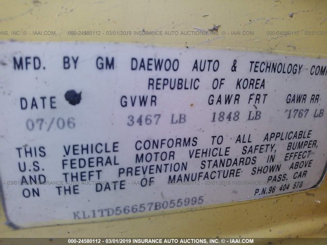 KL1TD56657B055995 - 2007 CHEVROLET AVEO LS YELLOW photo 9