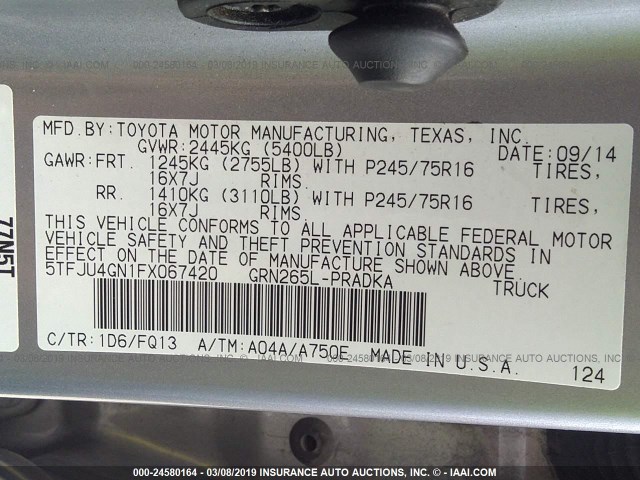 5TFJU4GN1FX067420 - 2015 TOYOTA TACOMA DOUBLE CAB PRERUNNER SILVER photo 9