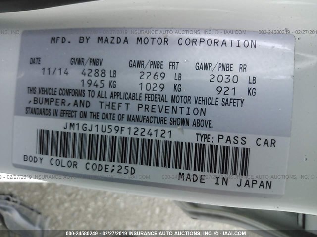 JM1GJ1U59F1224121 - 2015 MAZDA 6 SPORT WHITE photo 9