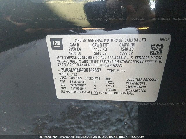 2GKALMEK4D6149557 - 2013 GMC TERRAIN SLE BLACK photo 9