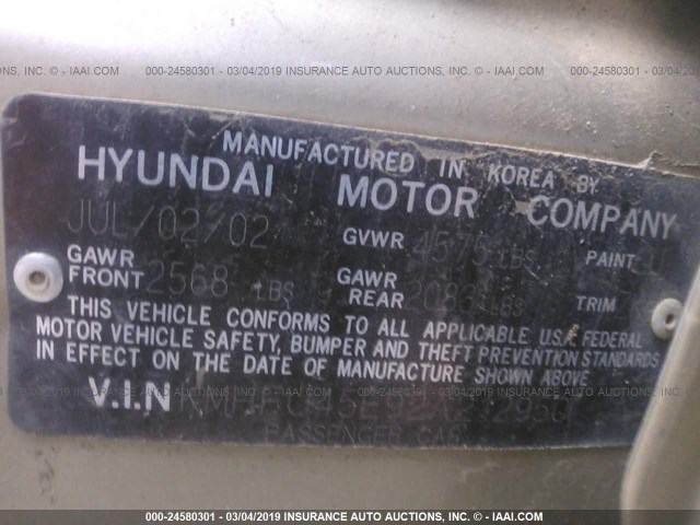 KMHFU45E92A212950 - 2002 HYUNDAI XG 350 GOLD photo 9