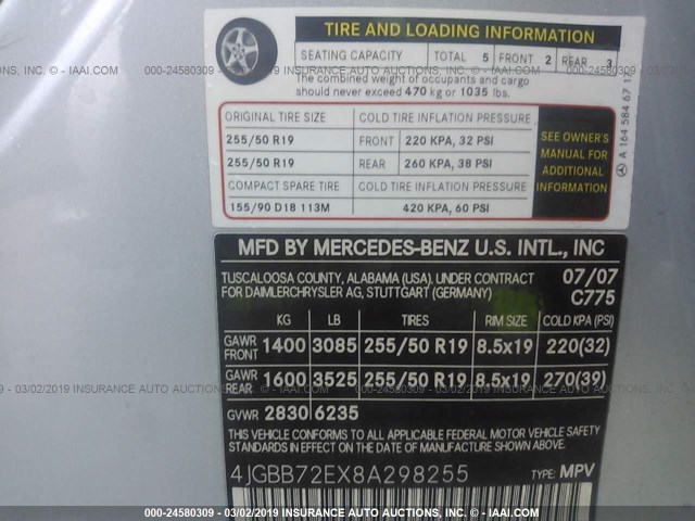 4JGBB72EX8A298255 - 2008 MERCEDES-BENZ ML 550 SILVER photo 9