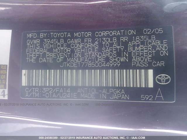 JTKDE177850044999 - 2005 TOYOTA SCION TC იასამნისფერი ფოტო 9