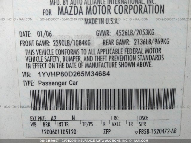 1YVHP80D265M34684 - 2006 MAZDA 6 S WHITE photo 9