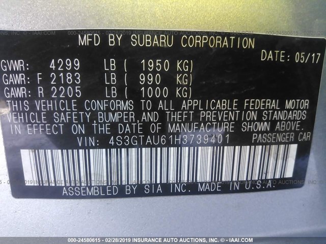 4S3GTAU61H3739401 - 2017 SUBARU IMPREZA LIMITED SILVER photo 9