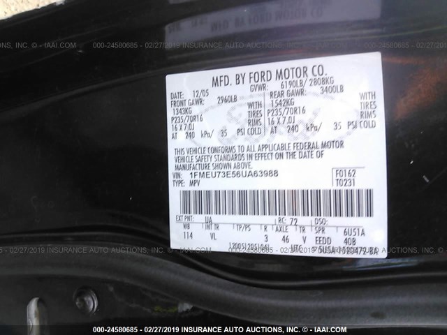 1FMEU73E56UA63988 - 2006 FORD EXPLORER XLT BLACK photo 9