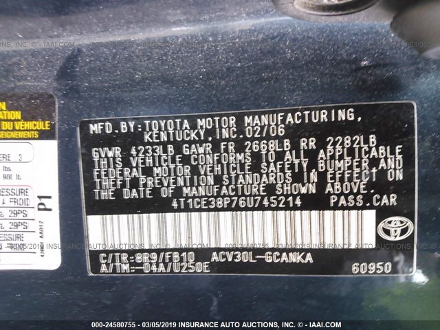 4T1CE38P76U745214 - 2006 TOYOTA CAMRY SOLARA SE/SLE BLUE photo 9