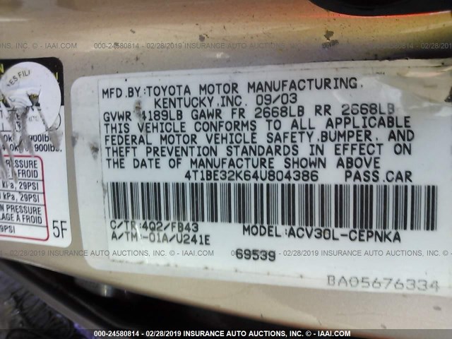 4T1BE32K64U804386 - 2004 TOYOTA CAMRY LE/XLE/SE BROWN photo 9