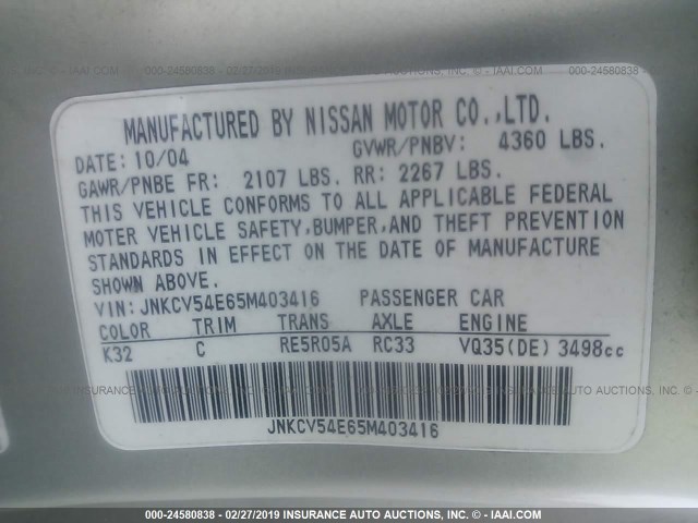 JNKCV54E65M403416 - 2005 INFINITI G35 SILVER photo 9