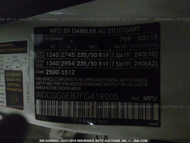 WDCGG0EB7FG418005 - 2015 MERCEDES-BENZ GLK 250 BLUETEC WHITE photo 9