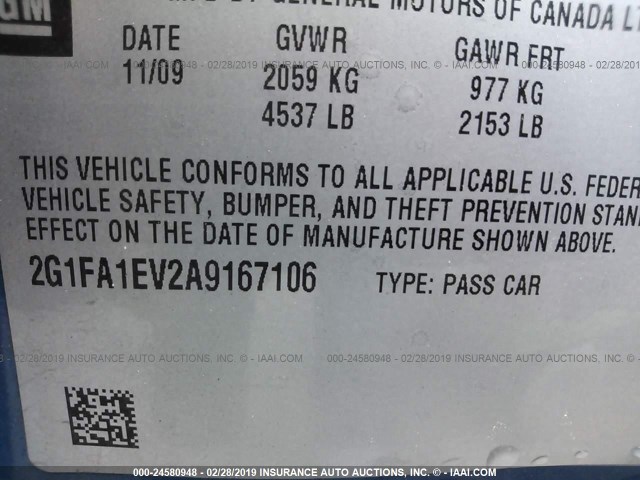 2G1FA1EV2A9167106 - 2010 CHEVROLET CAMARO LS BLUE photo 9