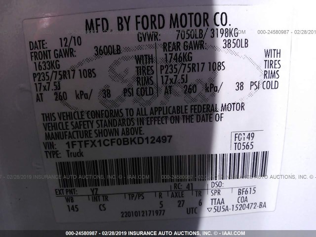 1FTFX1CF0BKD12497 - 2011 FORD F150 SUPER CAB WHITE photo 9