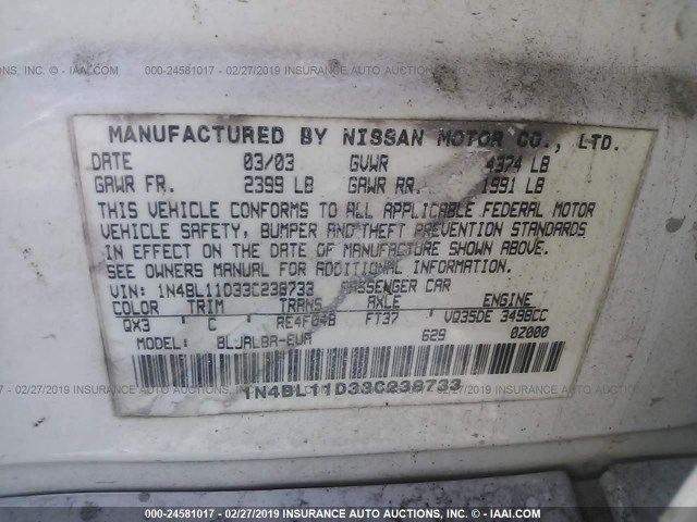 1N4BL11D33C238733 - 2003 NISSAN ALTIMA SE WHITE photo 9