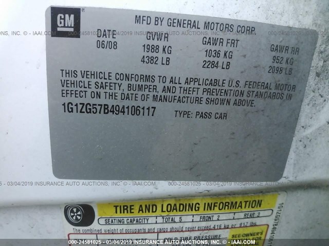 1G1ZG57B494106117 - 2009 CHEVROLET MALIBU LS WHITE photo 9